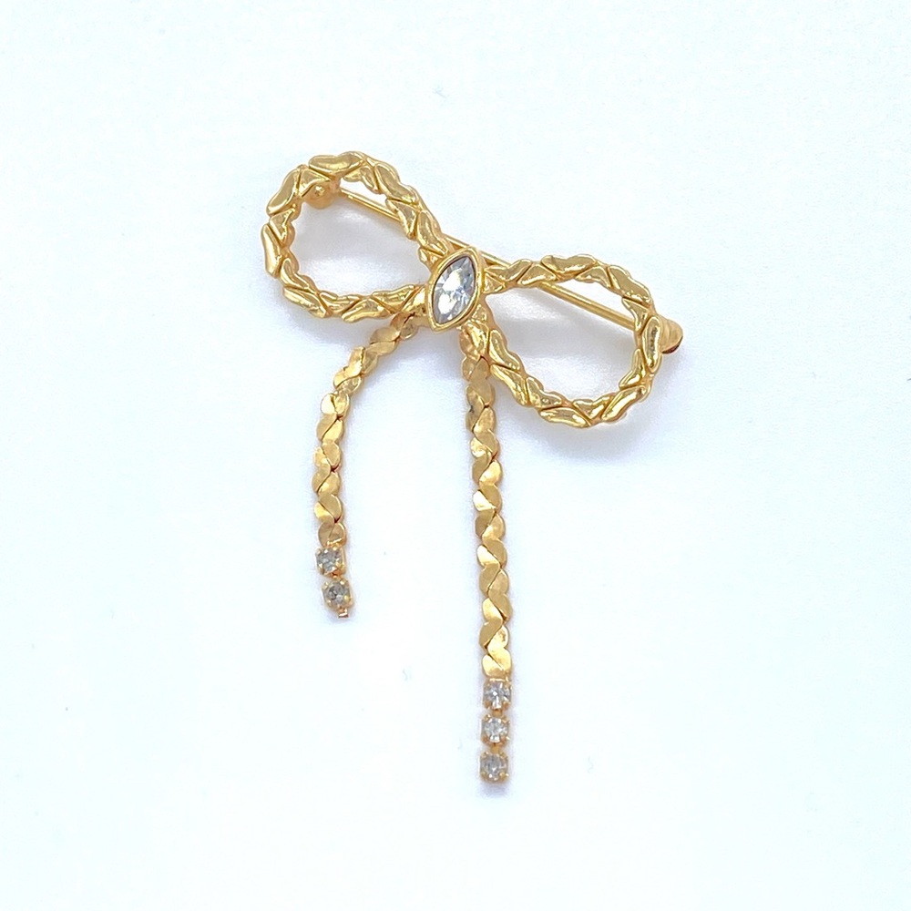 Avon Gold Bow Brooch with Rhinestones